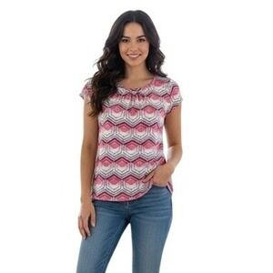 Worthington Geometric Print Top Short Sleeve Casual Blouse‎ Pink White L